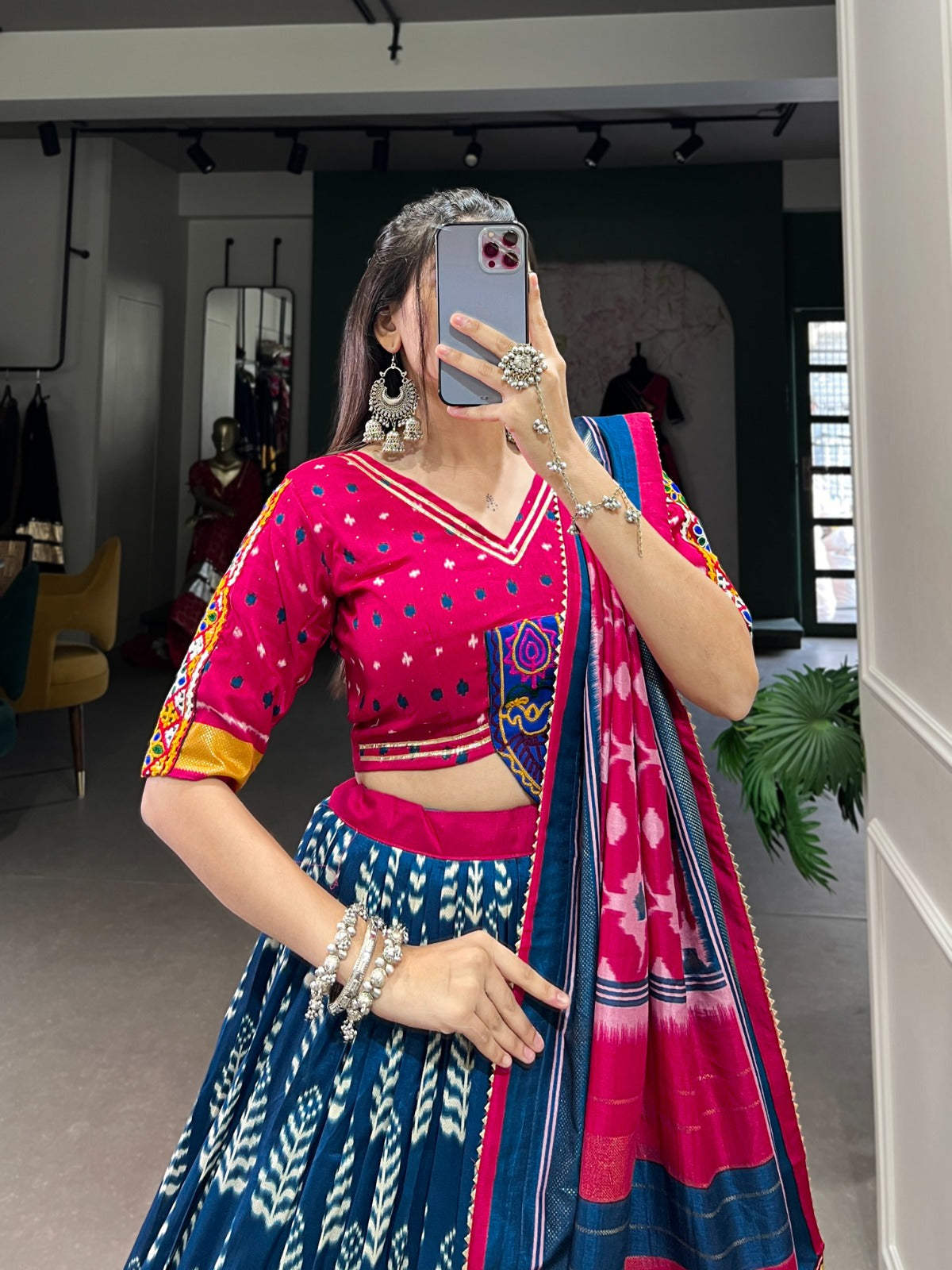 Lorenvalley Black Dola Silk with Printed With Foil Work And Original Mirror Gamthi Lace Touch Up Lehenga Choli | Swadesiicart