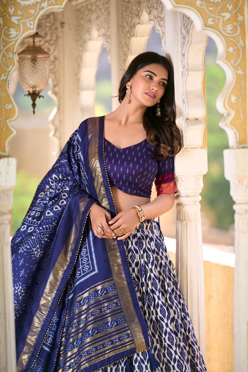 Lorenvalley Blue Tussar Silk Ikkat Print With Foil Work Lehenga Choli with Dupatta | Swadesiicart