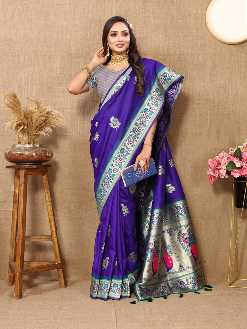 Lorenvalley Fashion Blue Soft Paithani Silk Woven Design Rich Meenakari Zari Weaving Pallu Saree - Swadesiicart