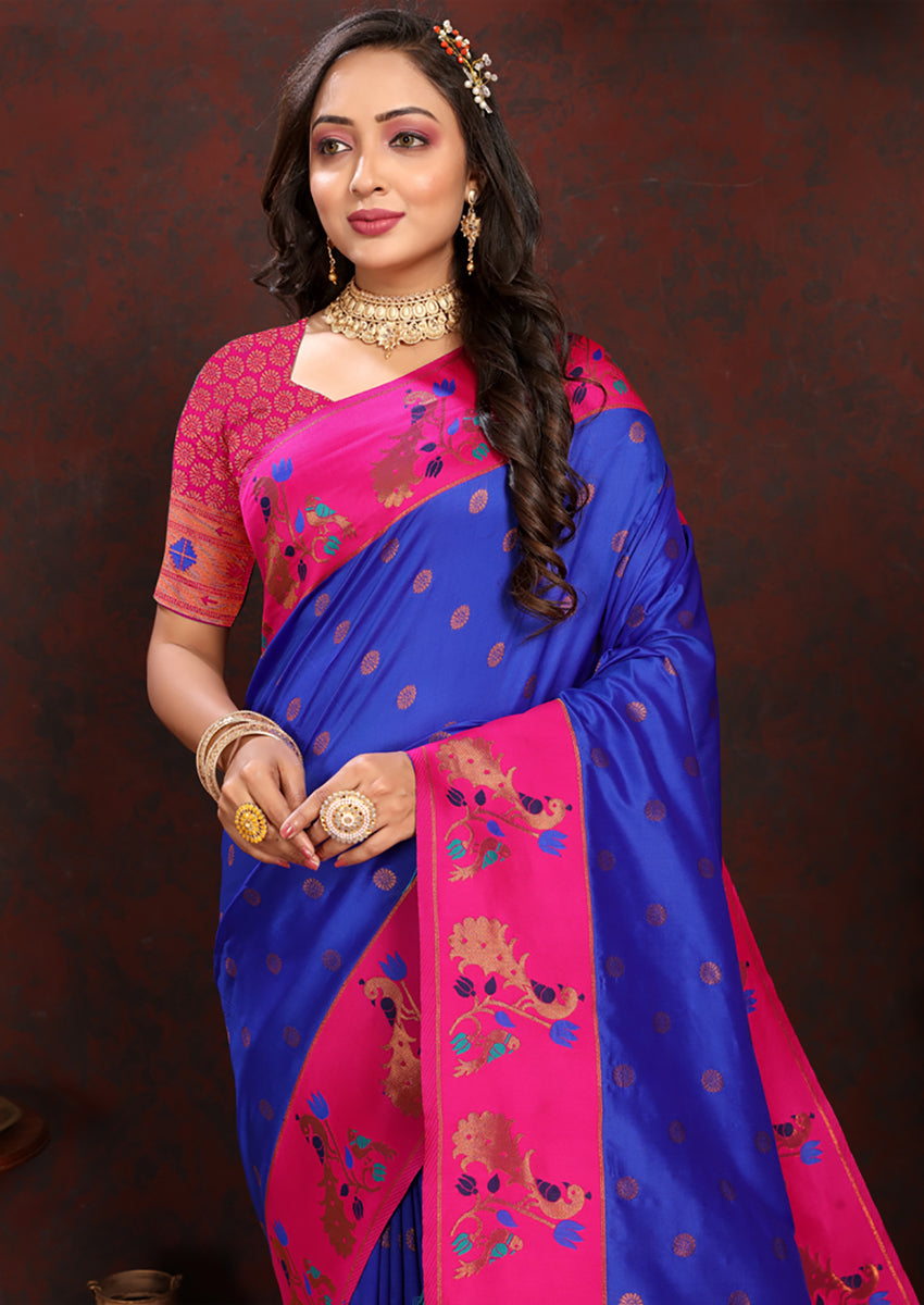 Lorenvalley Fashion Blue Soft Paithani Silk Woven Design Rich Zari Meenakari Weaving Saree - Swadesiicart