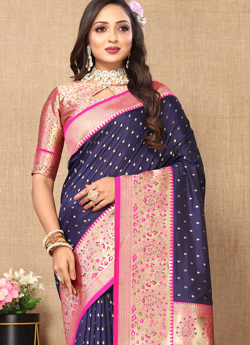Lorenvalley Fashion Blue Soft Silk weaving Design Rich Zari Weaving Saree - Swadesiicart
