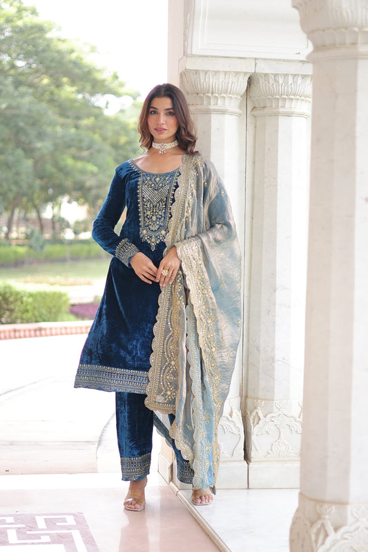 Lorenvalley Fashion Blue Velvet with Rich Sequins & Zari Embroidered work Kurta Pant with Dupatta - Swadesiicart