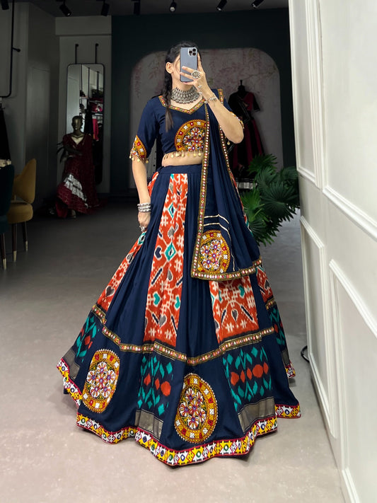 Lorenvalley Blue Rayon and Printed Silk with Plain And Printed With Original Mirror Gamthi Work And Gamthi Patch Work Lehenga Choli | Swadesiicart