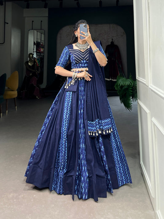 Lorenvalley Blue Pure Cotton Chaniya Choli Adorned With Cowrie Shells And Paired With A Matching Purse | Swadesiicart