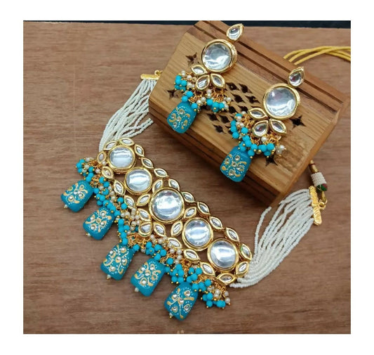 Joban Fashion Sky Blue Kundan Work Necklace Set