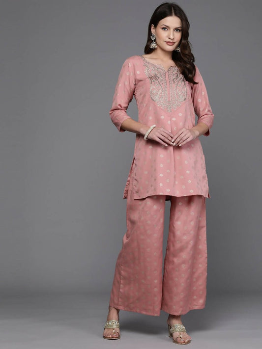 Ahalyaa Women Floral Yoke Design Tunic with Palazzos - Pink Color | Swadesiicart