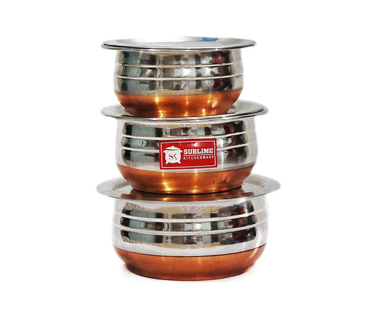 Sublime Kitchenware Set of 3 Stainless Steel Copper Bottom Handi with Lid - Swadesiicart
