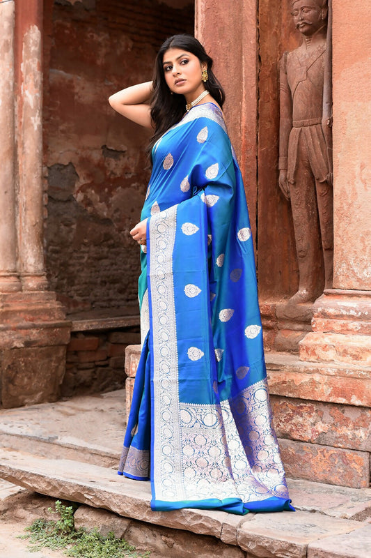 Joban Fashion Blue Banarasi Katan Pure Handloom Banarasi Silk Saree | Swadesiicart