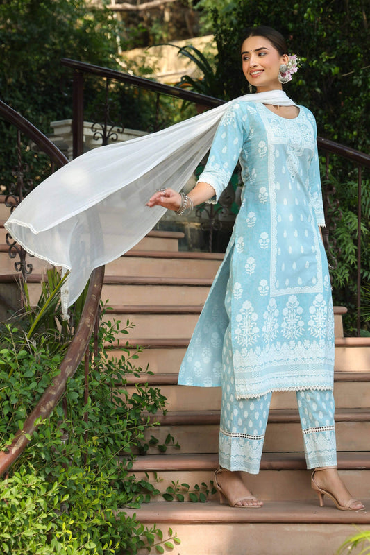 Juniper Women's Skyblue Printed Straight Kurta Sets | Swadesiicart
