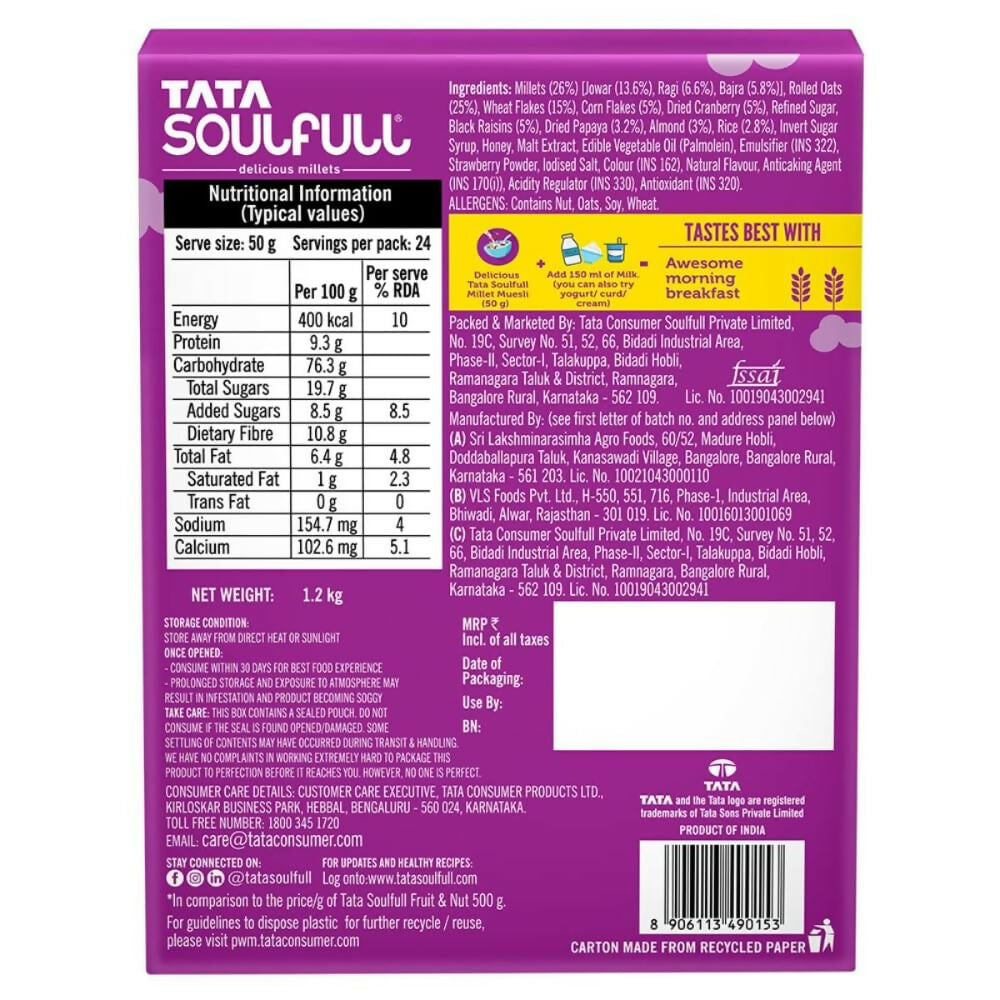 Tata Soulfull Millet Muesli Breakfast Cereals (Fruit & Nut) - Swadesiicart