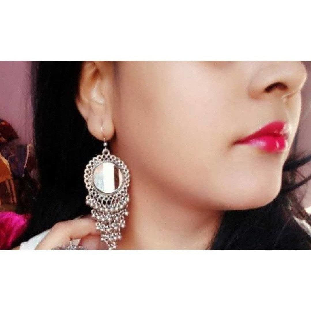 MS Fashion India Antique Silver Oxidized Sun Design Mirror Small Bells Earrings | Swadesiicart