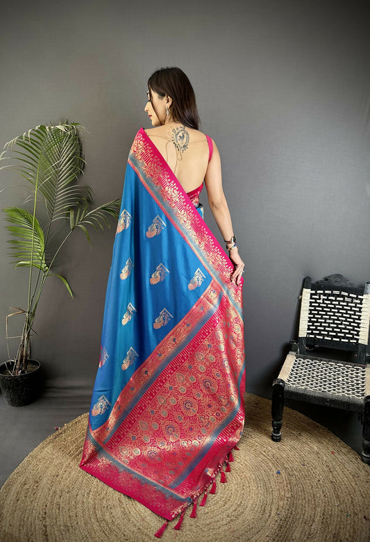 Joban Fashion Royal Blue Banarasi Soft Silk Peacock Butta Work Saree | Swadesiicart