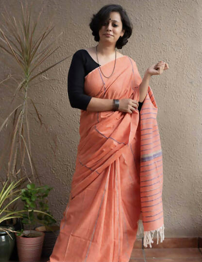 Exclusive Collection Khadi Cotton Handloom Khesh Saree With Blouse Piece - Light Orange - Swadesiicart