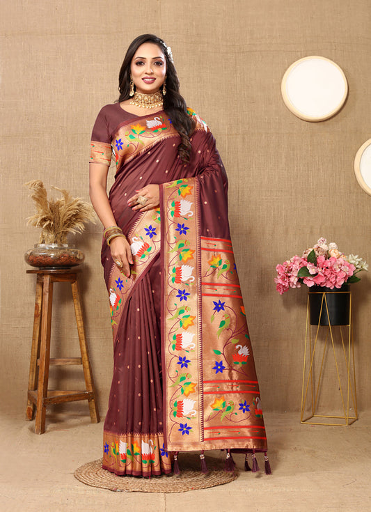 Lorenvalley Fashion Brown Soft Paithani Silk Woven Design Rich Zari Meenakari Weaving Saree - Swadesiicart