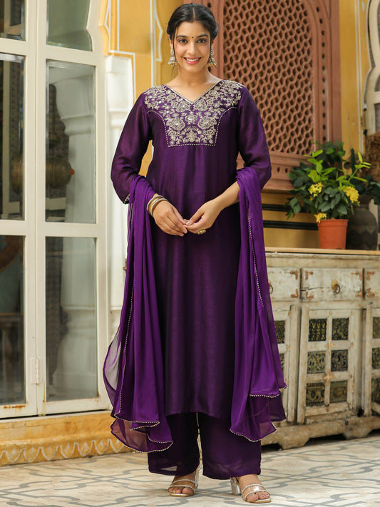 Janasya Purple Silk Blend Yoke Embroidery Kurta,Bottom & Dupatta | Swadesiicart