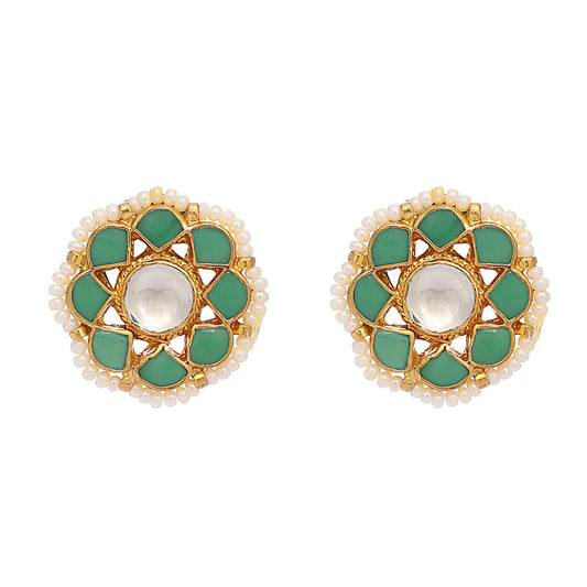 Nuyug 22K Gold-Plated Green Kundan Studded & Pearls Beaded Floral Shaped Studs | Swadesiicart
