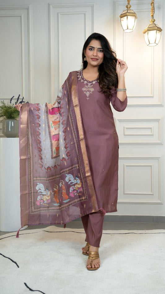 Lorenvalley Fashion Burgundy Roman Silk Hand Work Kurta Pant with Dupatta - Swadesiicart
