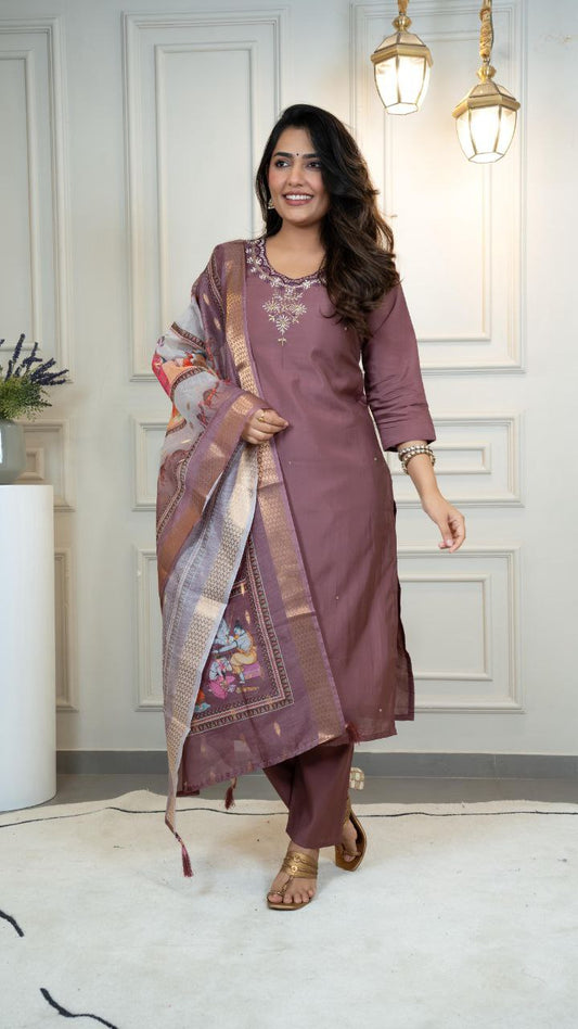 Lorenvalley Fashion Burgundy Roman Silk Hand Work Kurta Pant with Dupatta - Swadesiicart