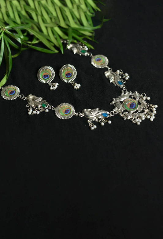 Mominos Fashion Johar Kamal Oxidised Silver-Plated Brass Finish Long Necklace For Women (Silver) | Swadesiicart