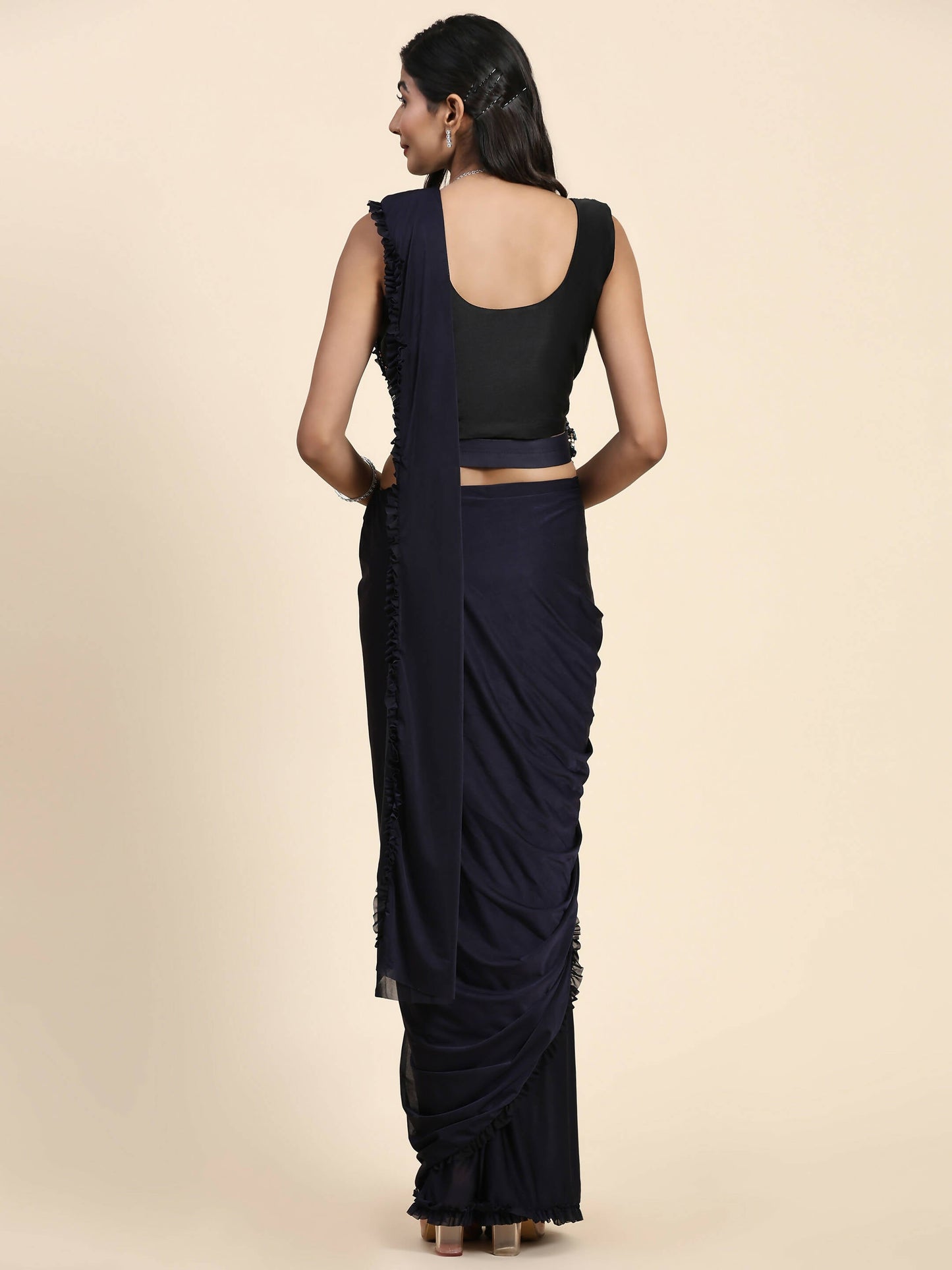 Navy Blue Imported Fabric Plain Ready to wear Saree with stitched Blouse - Vrinda | Swadesiicart