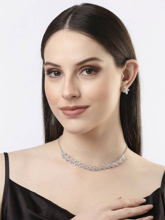 NVR Women Silver-Plated American Diamond Jewellery Set Necklace & Earrings | Swadesiicart