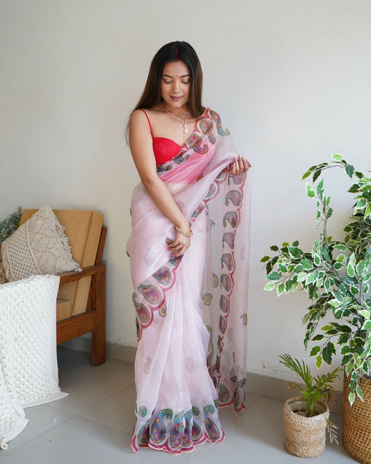 Vamsee Shivika Baby Pink Organza Saree - Swadesiicart