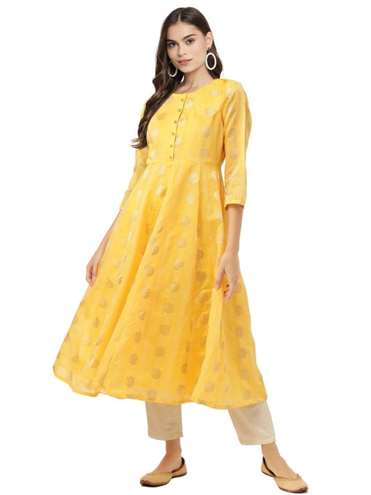 Ahalyaa Women Yellow Chanderi Jacquard Woven Dress | Swadesiicart