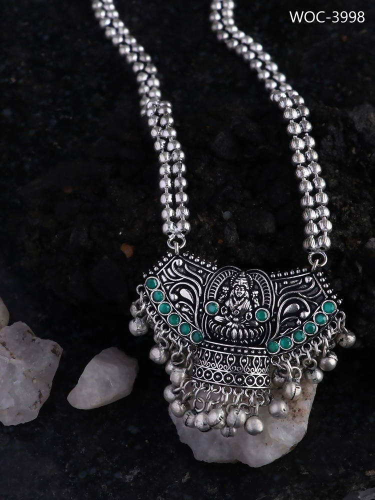 Mominos Fashion Johar Kamal Oxidised Laxmi Mata With Green Stones Long Necklace | Swadesiicart