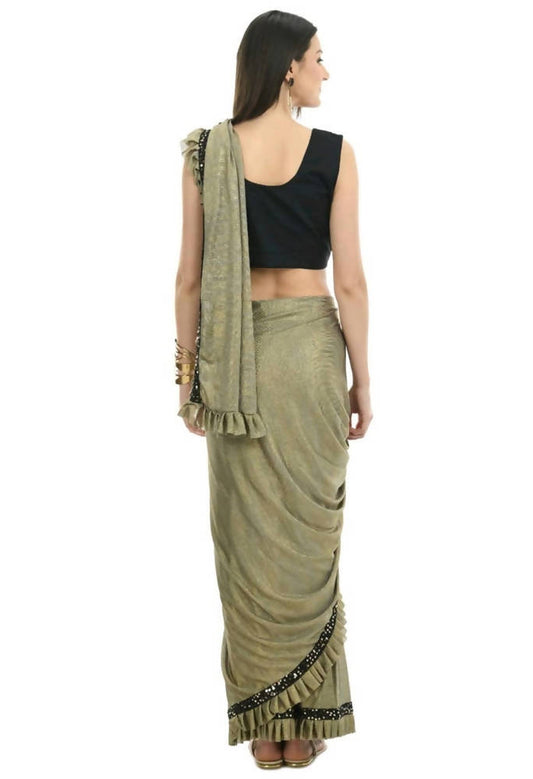 Mominos Fashion All Season Wear Olive Green And Black Ruffled With Blouse Ready To Wear Swadesiicart
