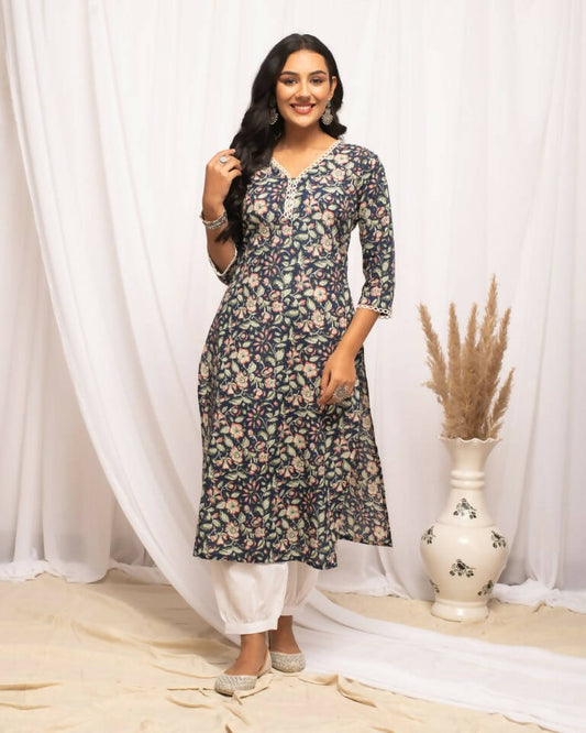 FIORRA Women's Floral Printed Blue Cotton Straight Kurta - Swadesiicart