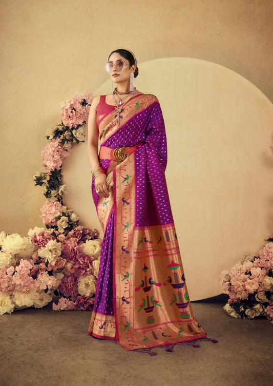 Vishnu Weaves Women's Wine Paithani Silk Saree with Blouse - Swadesiicart