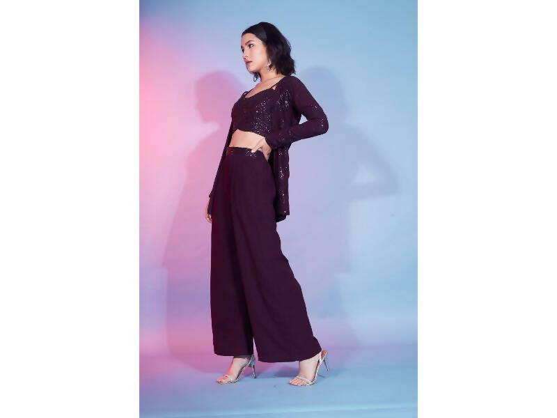 Maroon Georgette Sequence With Thread Designer Co-Ord Set - Flory - Swadesiicart