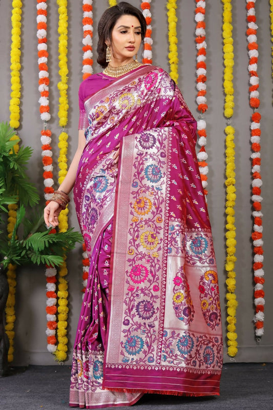 Jyoti Fashion Women's Magenta Banarasi Silk Zari Woven Saree with Blouse | Swadesiicart