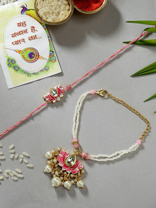 NVR Women & Men Set of 2 Pink Lotus Shape Kundan-Studded & Beaded Wraparound Rakhi Set With Roli Chawal & Chocolate | Swadesiicart