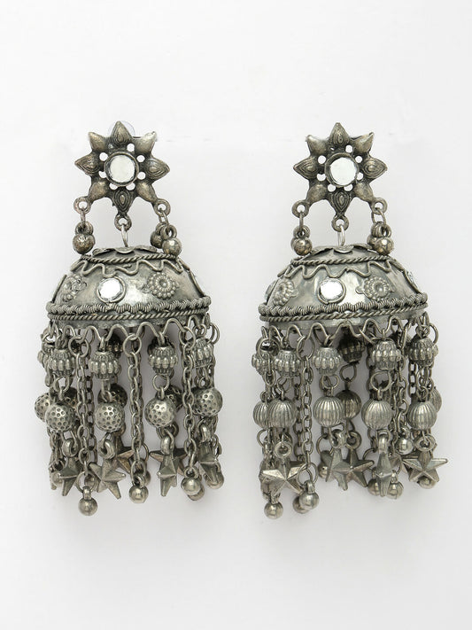 NVR Women's Silver Plated Mirror Work Oxidised Contemporary Jhumka Earrings | Swadesiicart