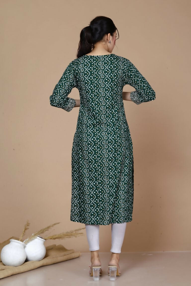Miravan Women's Rayon Bandhani Print Straight Kurta Green - Swadesiicart