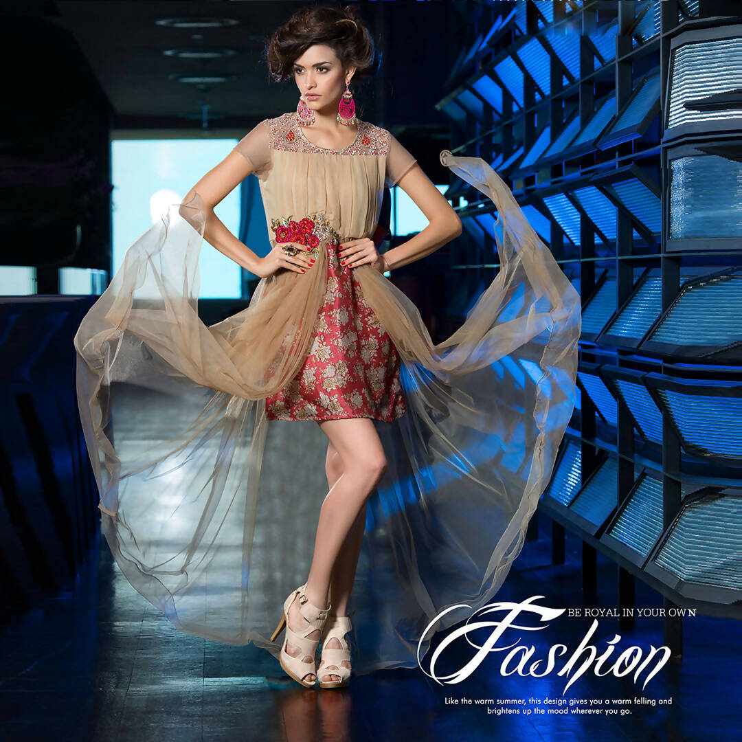 Beige Net Floral Embroidered A-line Kurti - Missy