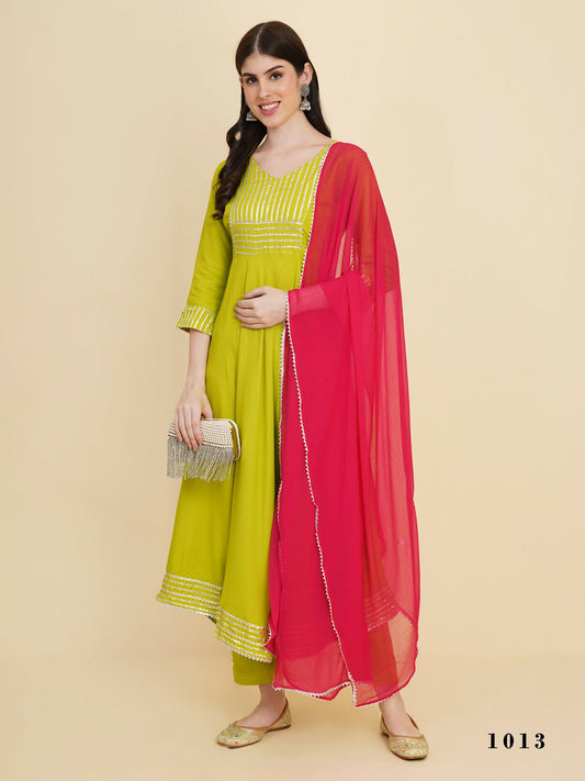 Designer Stylish lime green Cotton Stitched Suit With Dupatta - Tanisha | Swadesiicart