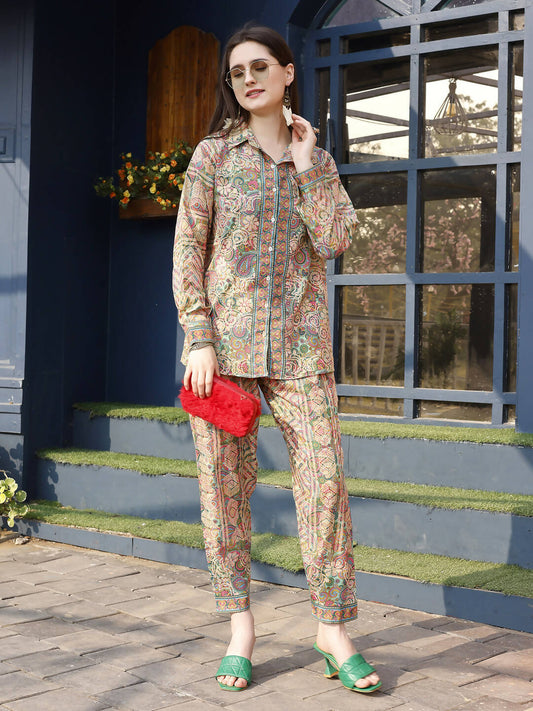 Orange & Green Rayon Paisley & Floral Printed Top with Matching Bottom - Eesha - Swadesiicart