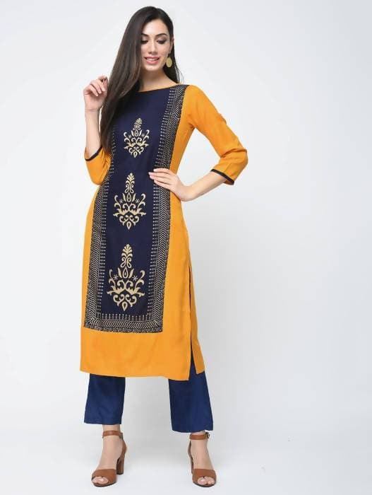 Aniyah Rayon Block Printed Straight Kurta In Mustard And Blue (AN-119K) - Swadesiicart