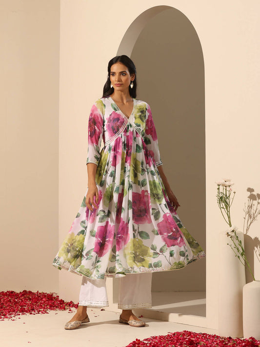 Pomcha Jaipur White Gul Gulistan Anarkali Set | Swadesiicart