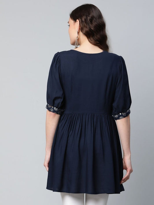 Ahalyaa Women Navy Blue Rayon Silver Foil Print Tunic | Swadesiicart