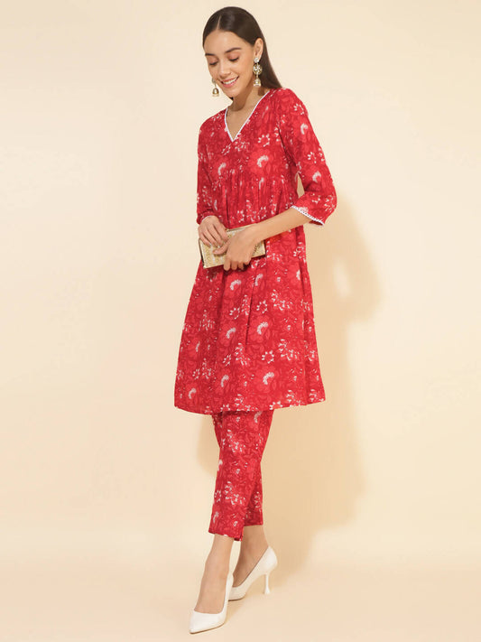 Janasya Women's Red Cotton Floral Printed Casual Flared Co-ords - Swadesiicart
