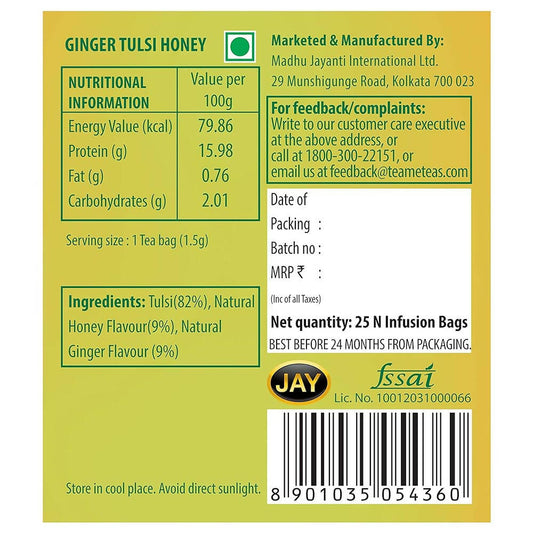 TE-A-ME Charge Ginger Tulsi Honey Herbal Infusion Tea Bags - Swadesiicart