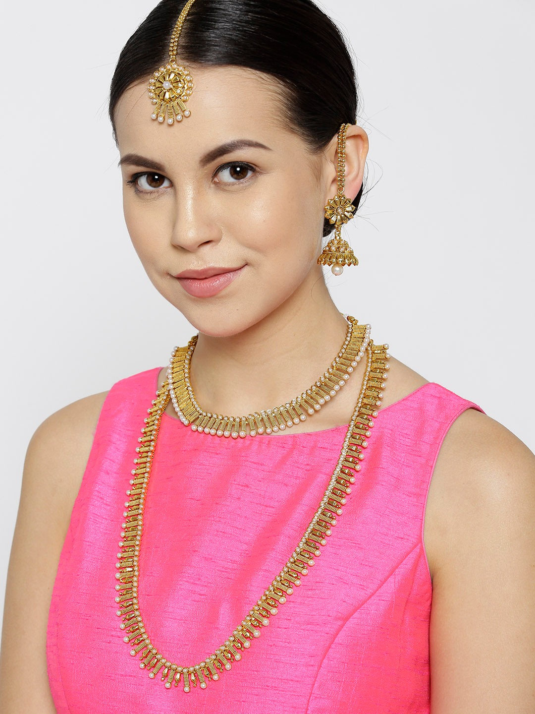 Priyaasi Women 2 Gold-Polished Pearls Necklaces With Jhumki & Maangtika - Swadesiicart