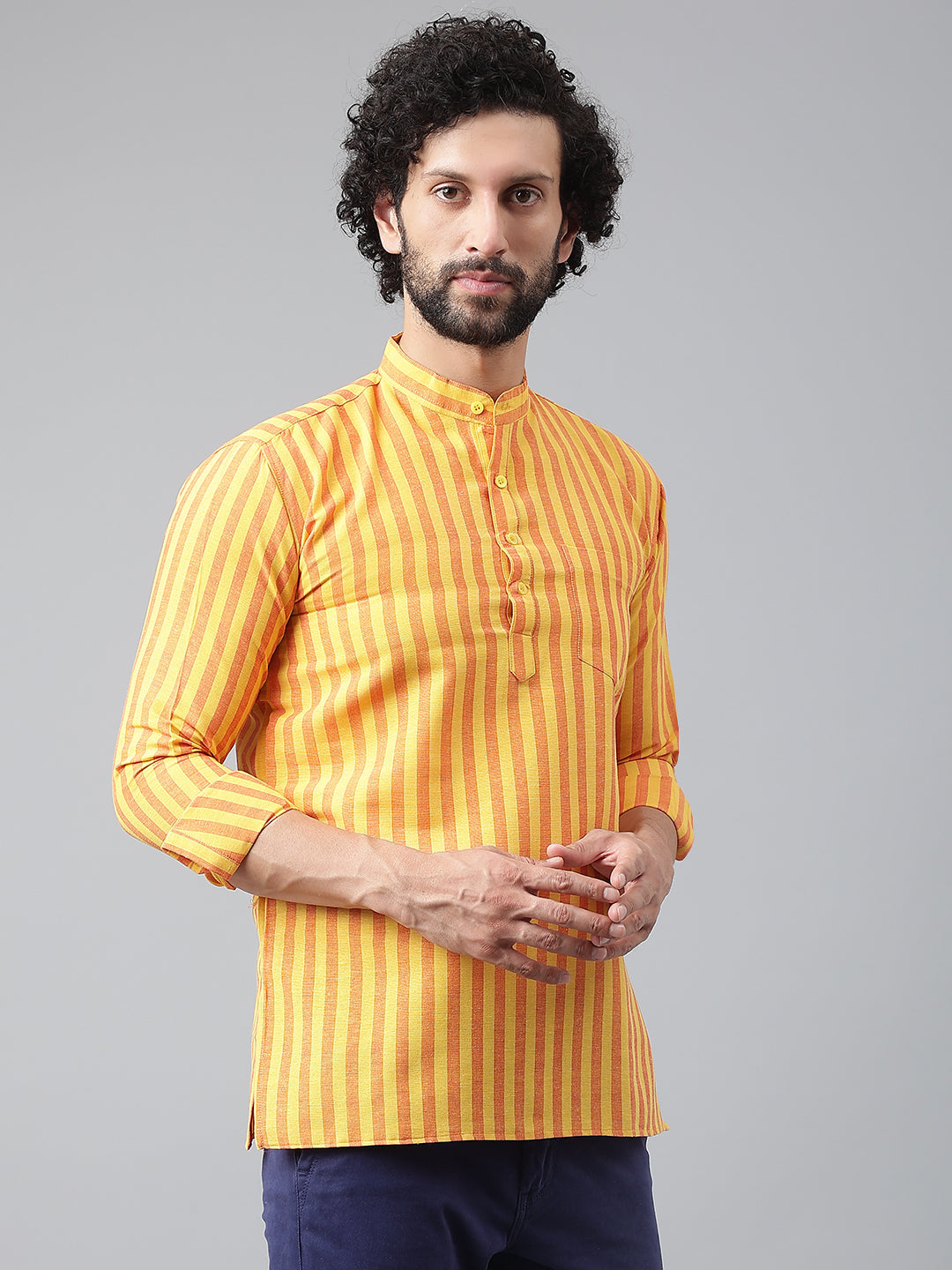 RIAG Yellow Color Long Sleeves Casual Men's Cotton Short Kurta | Swadesiicart