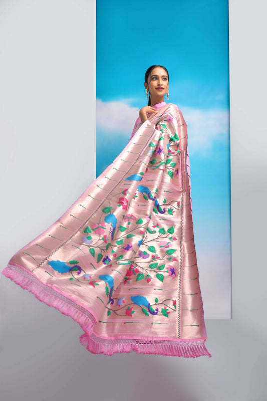 Vishnu Weaves Women's Baby Pink Paithani Silk Minakari Zari Woven Saree with Unstitched Blouse - Swadesiicart