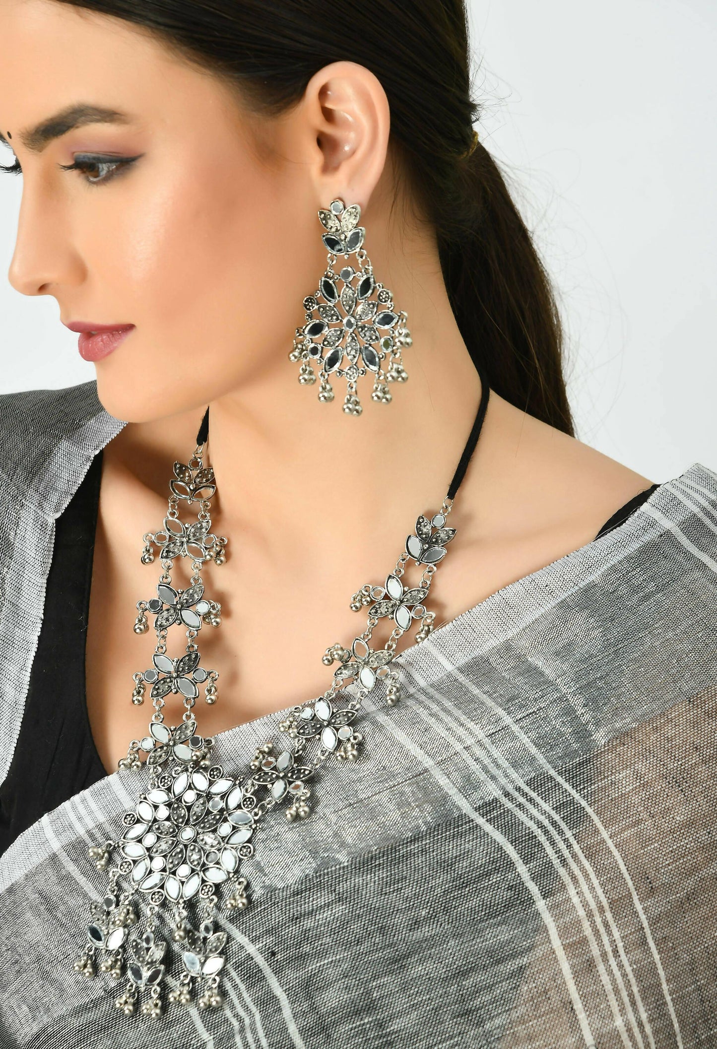 Mominos Fashion Johar Kamal Oxidised Silver-Plated Mirror Work Long Necklace Set - Swadesiicart