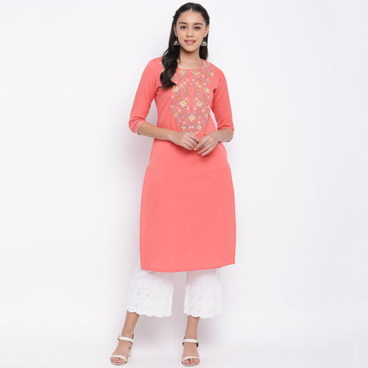 NOZ2TOZ Women's Embroidered Peach Kurti- (1pc Set) - Noz2Toz