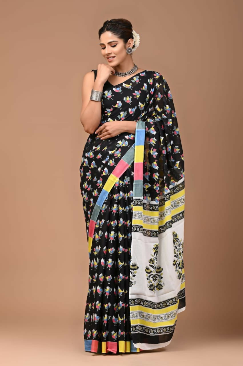 Exclusive Collection Black Beautiful Mulmul Cotton Saree - Swadesiicart